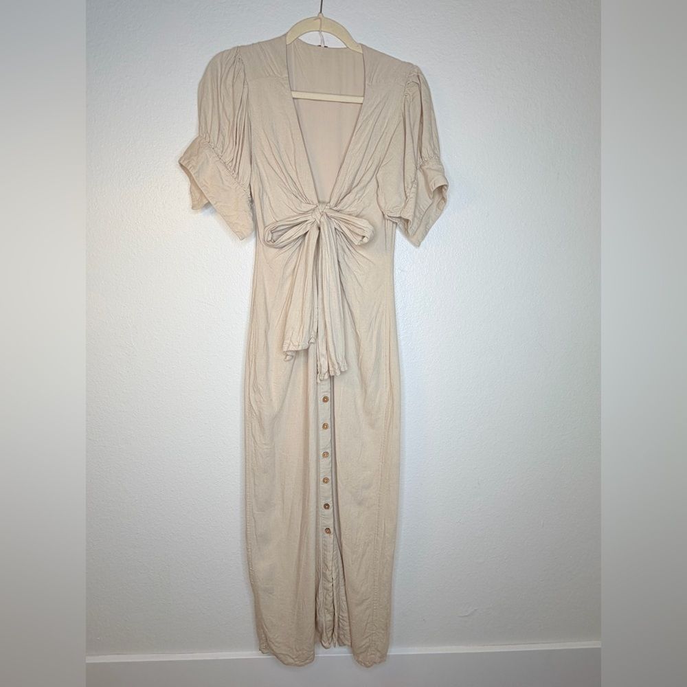 Free People Summer Vintage Tan Button Down Midi Bow Dress Linen Size Xs